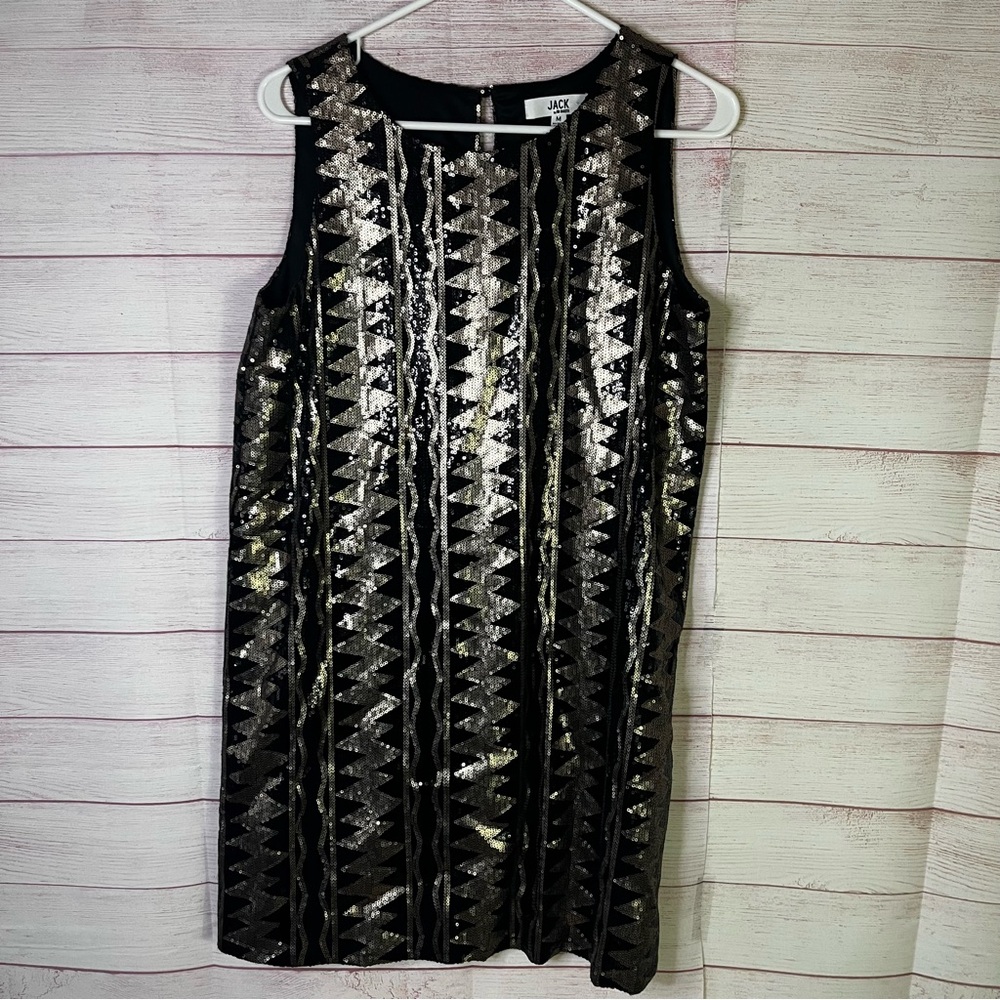 Jack by BB Dakota Black Gold Metallic Sequined Shift Sleeveless Dress Medium